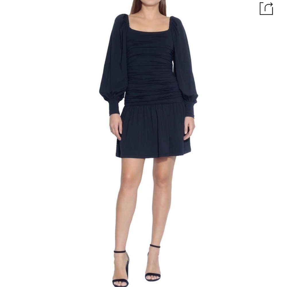 Susana Monaco Dress Square Neck Poet Sleeve Gathered Stretch Size XS Navy Blue